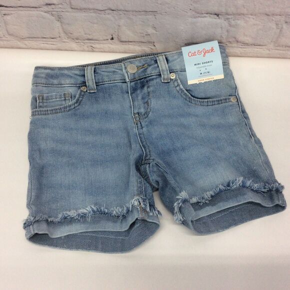 Cat & Jack Jean Midi Shorts Girls M (7/8) Fraying Super Stretch Adjustable Waist - Picture 1 of 5